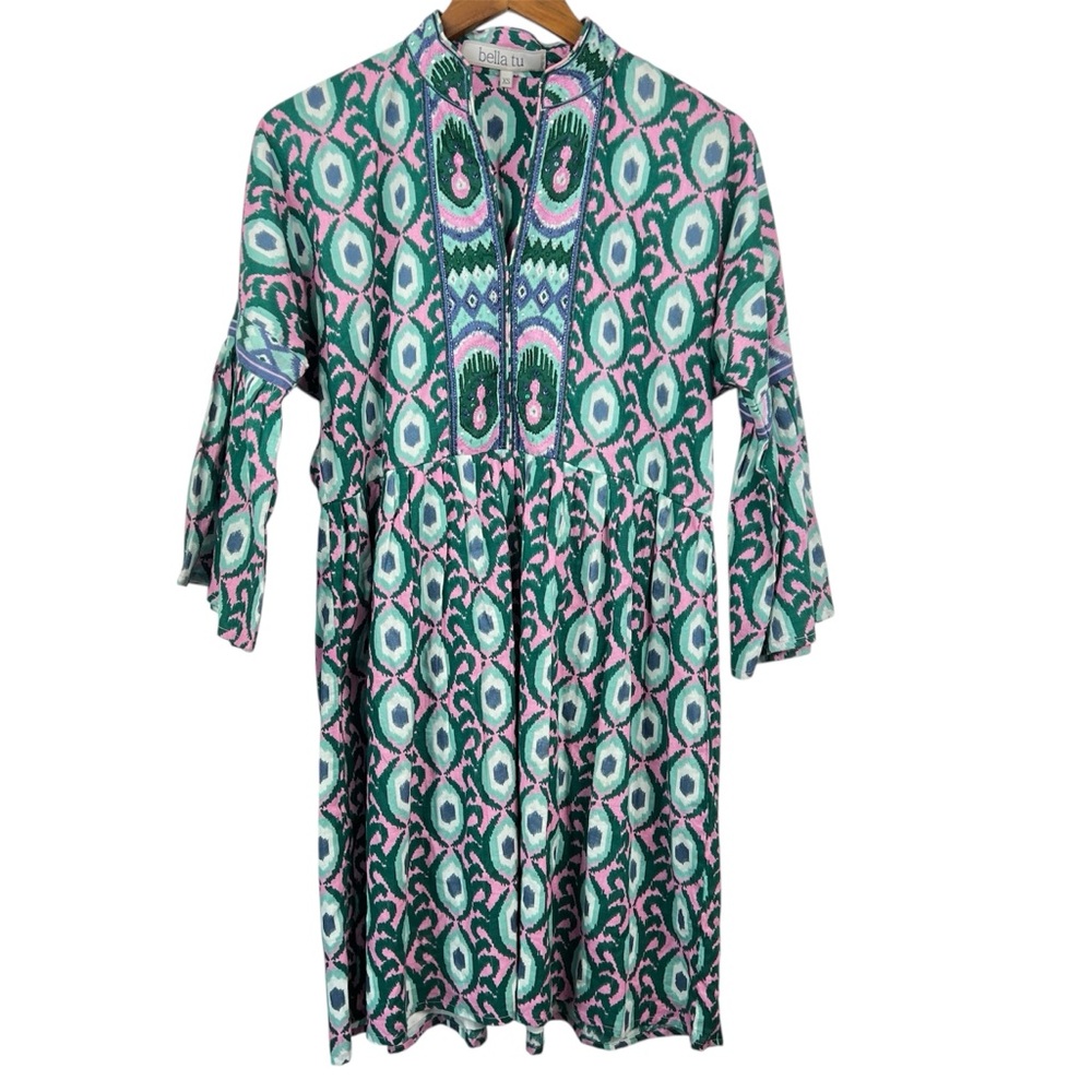 Bella Tu Ikat Tunic Dress Size XS Green Pink Teal Beaded